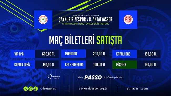 Çaykur Rizespor – Bitexen Antalyaspor Maç Biletleri Satışa Çıktı